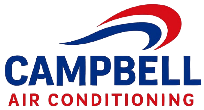 Campbell Air Conditioning logo, blue and red swoosh above bold, blue text on white.
