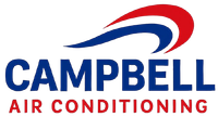 Campbell Air Conditioning logo, blue and red swoosh above bold, blue text on white.