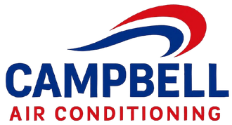 Campbell Air Conditioning logo, blue and red swoosh above bold, blue text on white.
