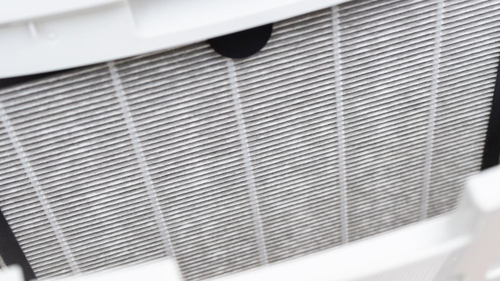 Dirty air filter inside an air purifier. Grids are visibly covered in dust and debris.