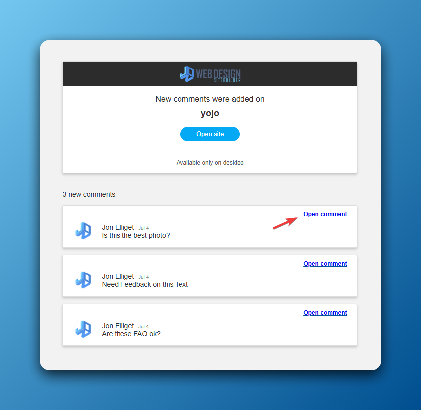 Notification of new comments, with links to open each comment.