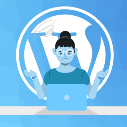 A woman is sitting in front of a laptop confused with a wordpress logo in the background