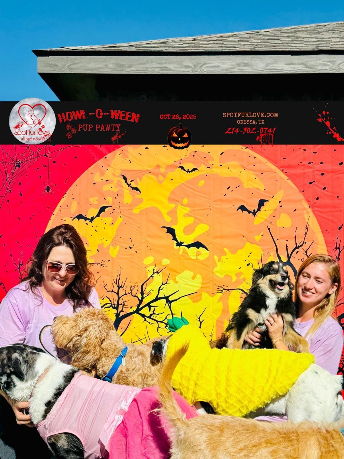 Two women with four dogs in front of a Halloween backdrop with a full moon and bats.