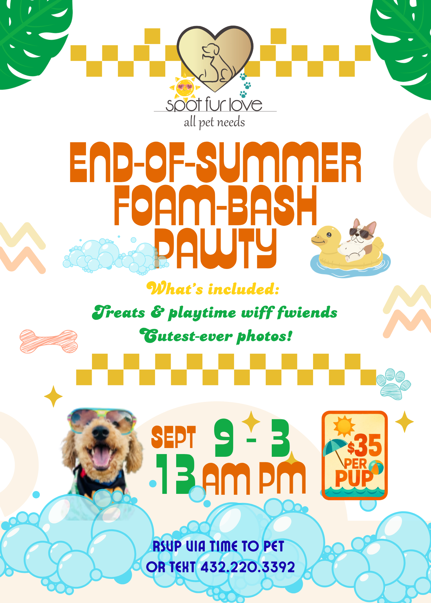 Easter eggstravaganza dog pawty flyer with pastel eggs, dog photos, and event details for Sunday, April 26, 9 a.m.–3 p.m.