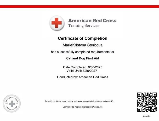 Certificate of completion: American Red Cross, for Cat and Dog First Aid, issued to MarioKristyna Sterbova.