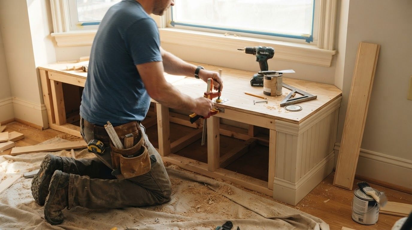 Person kneeling on a floor during a home renovation, using a drill to build a built-in bench by a window.