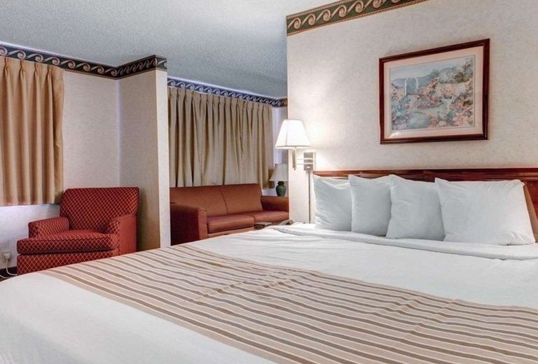 A hotel room with a king size bed and a couch