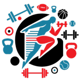 Silhouette of a person running with a dumbbell, surrounded by sports equipment.