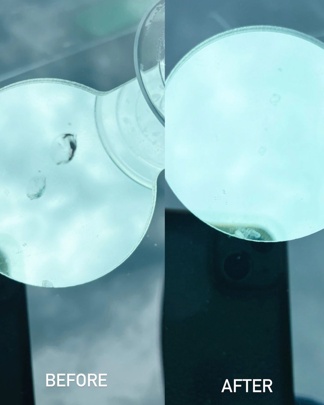 A before and after picture of a glass of water.