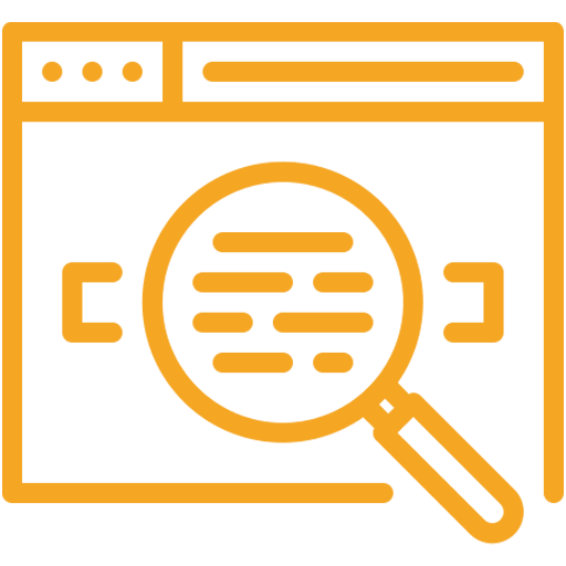 Orange line icon of a browser window with a magnifying glass over text, symbolizing search or inspection