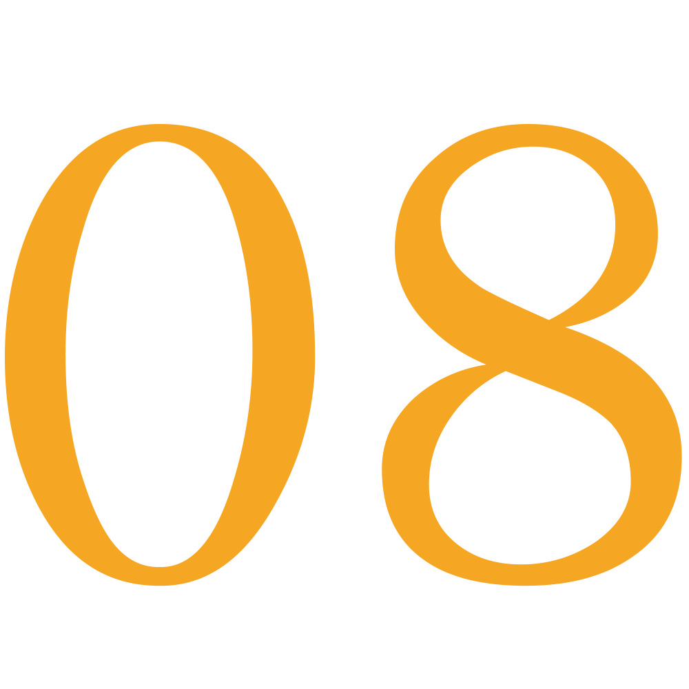 Orange “08” on a white background