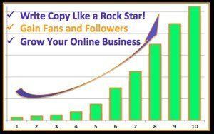 Rising bar chart with checklist points to write copy like a rock star, gain fans and grow an online business