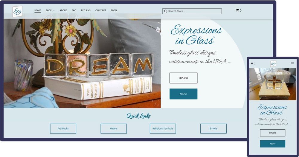 This website was designed for Expressions in Glass, a Berks County online retailer.
