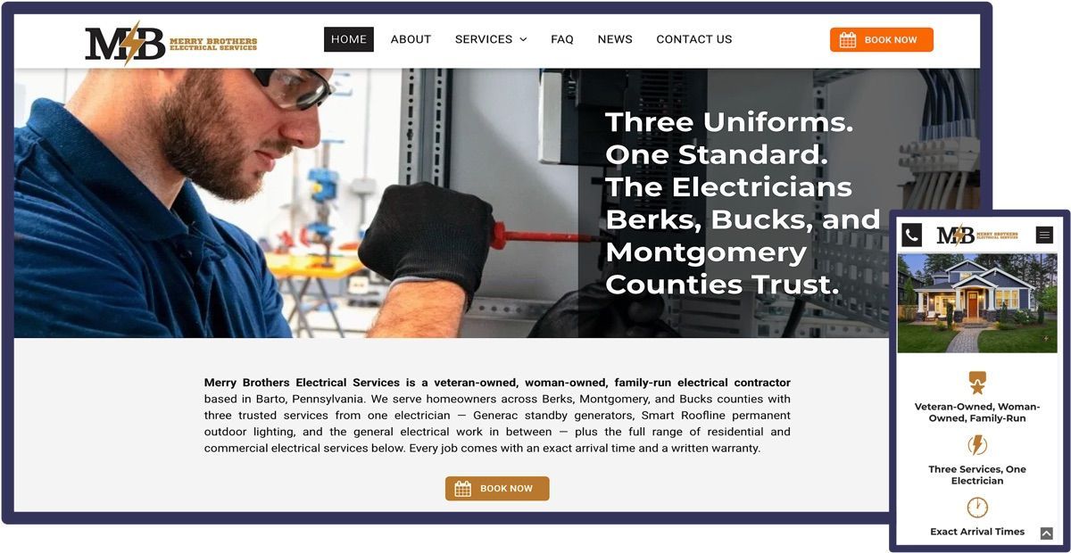 This website was designed for Merry Brothers, electricians serving Berks, Bucks, and Montgomery Counties