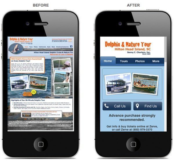 Before and after smartphones comparing a desktop website squeezed onto mobile with a mobile-optimized design