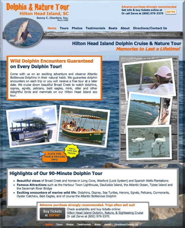 Dolphin tour company homepage with photos and booking details, an example of a touring business website design