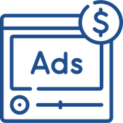 Blue ad window icon with “Ads” text and a dollar symbol badge in the corner