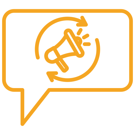 Orange megaphone inside a speech bubble, symbolizing announcements or communication.