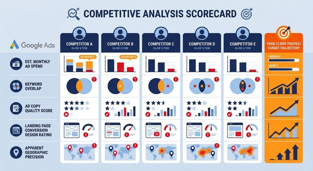 Competitive analysis scorecard infographic with multiple company columns and orange trend charts on the right