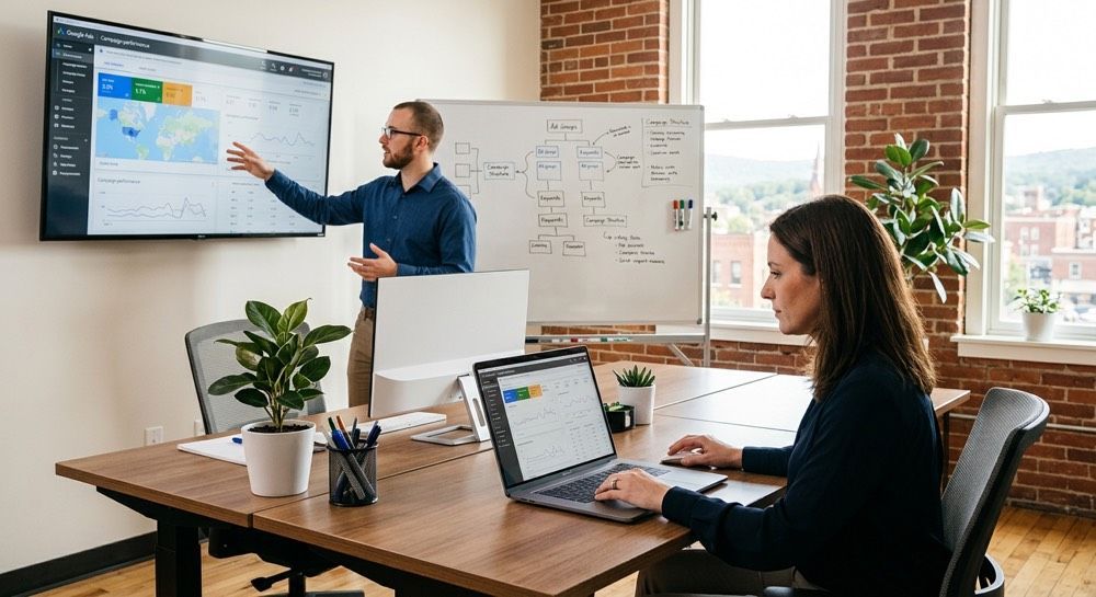 Team meeting in a bright office, with a presenter pointing at a wall screen and two coworkers at laptops.