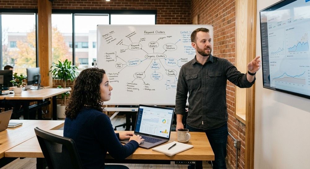 Two coworkers in a meeting room, one presenting a chart on a screen while another listens at a table.