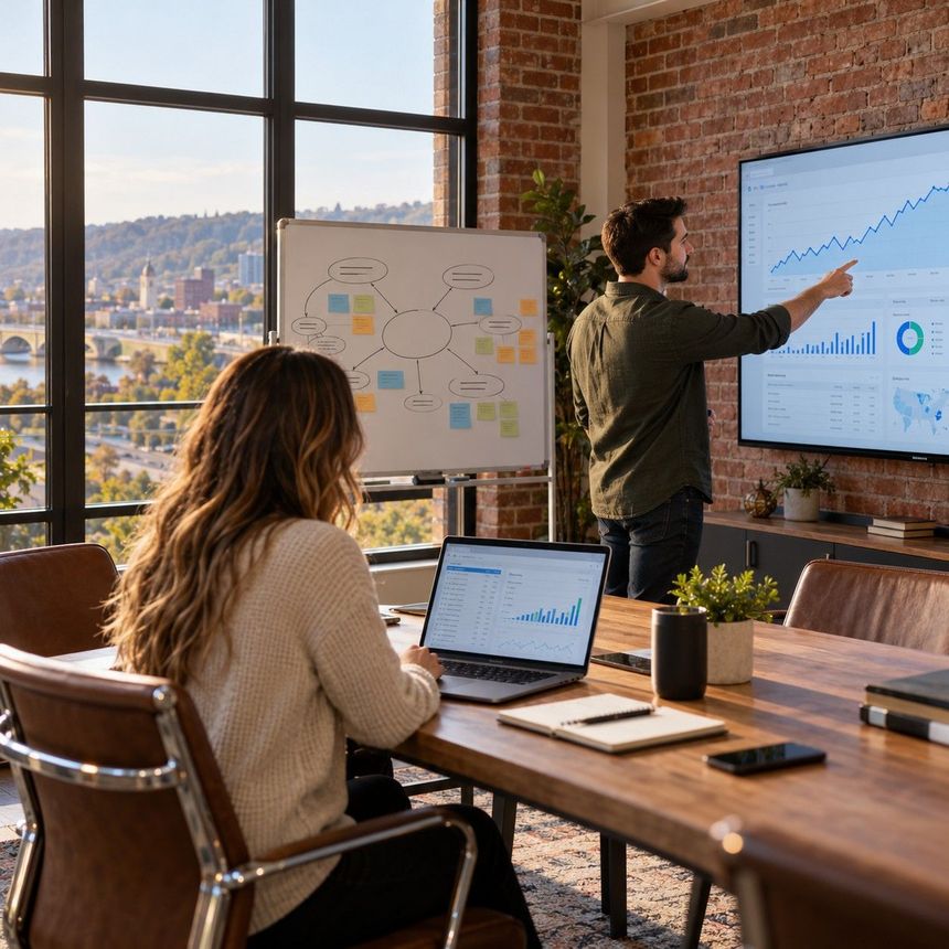PMI strategist presenting marketing results on a meeting room screen to a Berks County and Lehigh Valley business client
