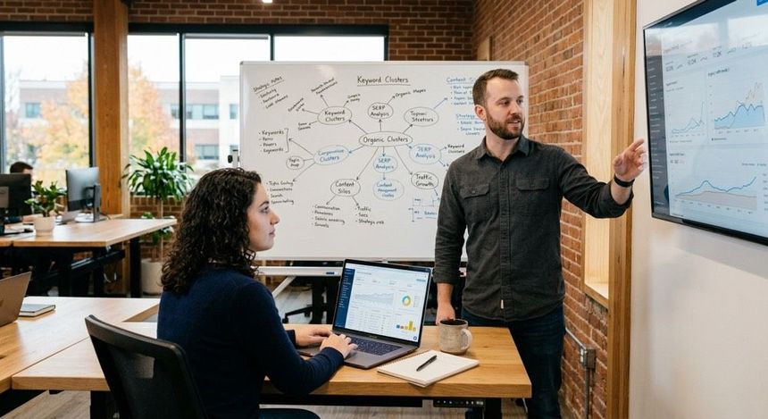 Two coworkers in a meeting room, one presenting at a screen while the other uses a laptop at a desk.