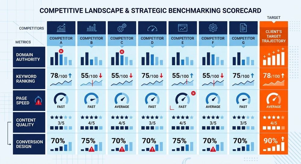 Competitive landscape scorecard infographic with blue columns, orange highlights, and bar charts.