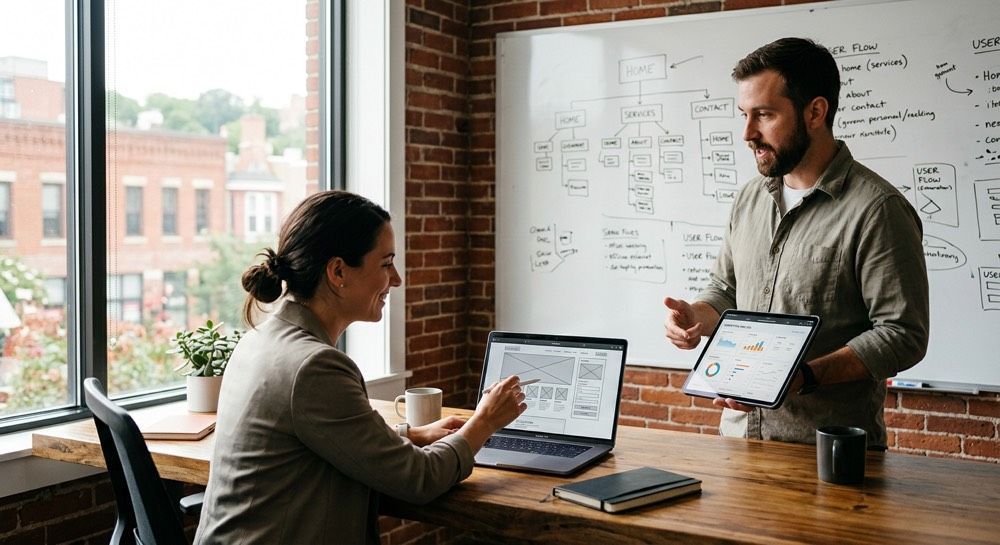 Two coworkers discuss a laptop and tablet in a bright office with a whiteboard and city view.