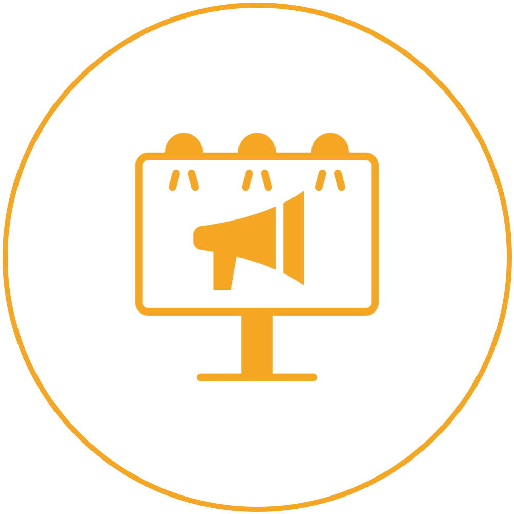 Orange megaphone icon on a presentation screen inside a circular border.