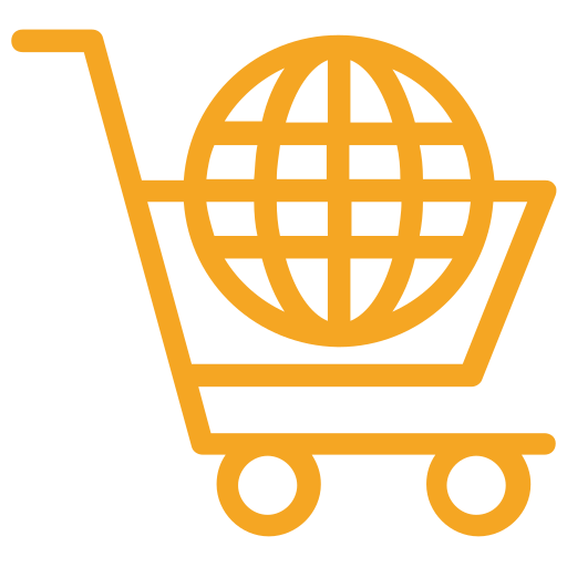 Orange shopping cart with a globe inside, symbolizing online shopping or global e-commerce