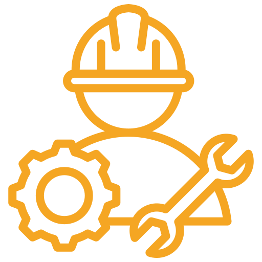 Orange construction worker icon with hard hat, gear, and wrench for maintenance or engineering