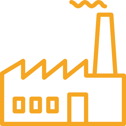 Orange outline icon of a factory building with smokestack and windows on a white background