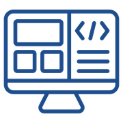 Blue outline icon of a desktop monitor with code symbols and layout blocks