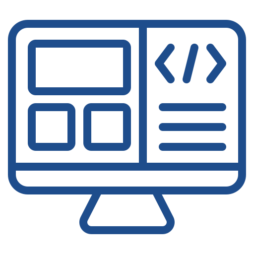 Blue outline of a computer monitor with coding symbols and interface panels on screen
