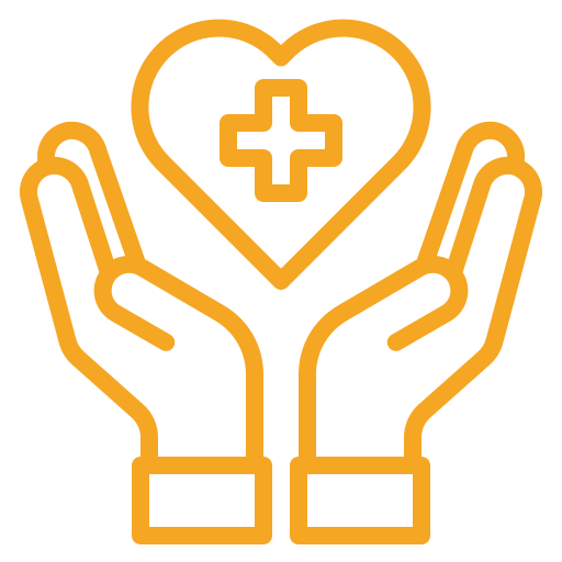 Hands holding a heart with a medical cross icon in orange outline