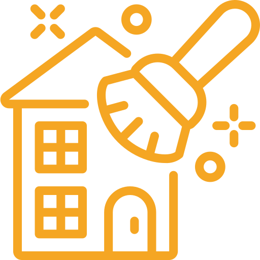 Orange house with a large cleaning brush sweeping the roof, suggesting home cleaning or maintenance icon