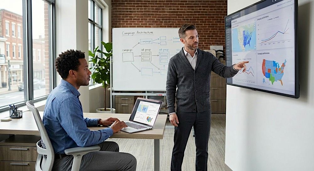Man presenting charts on a wall screen while seated colleague uses a laptop in a modern office meeting room
