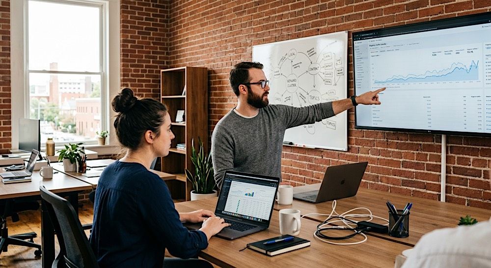 Team meeting in a brick office, with a man pointing at a chart on a wall monitor while others work at laptops.
