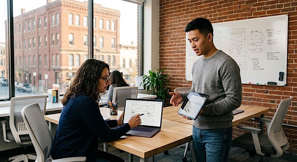 Two colleagues in a modern office discussing a tablet beside a laptop and whiteboard.