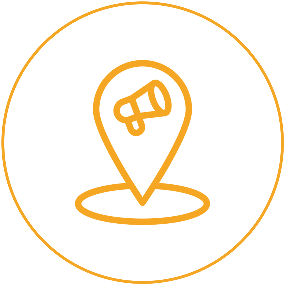 Orange location pin with a megaphone icon inside, outlined in orange on a white background