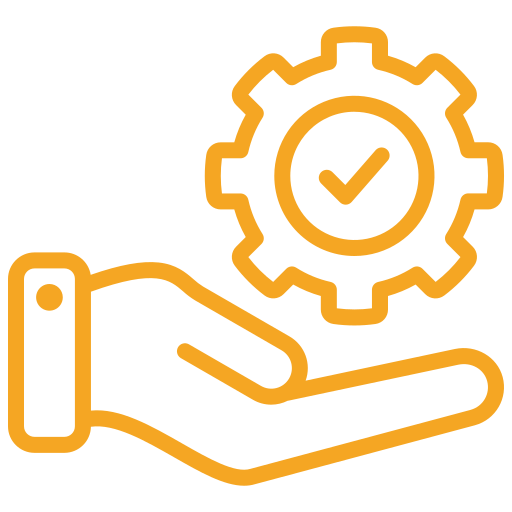 Orange hand holding a gear with a check mark inside, symbolizing service approval or support.