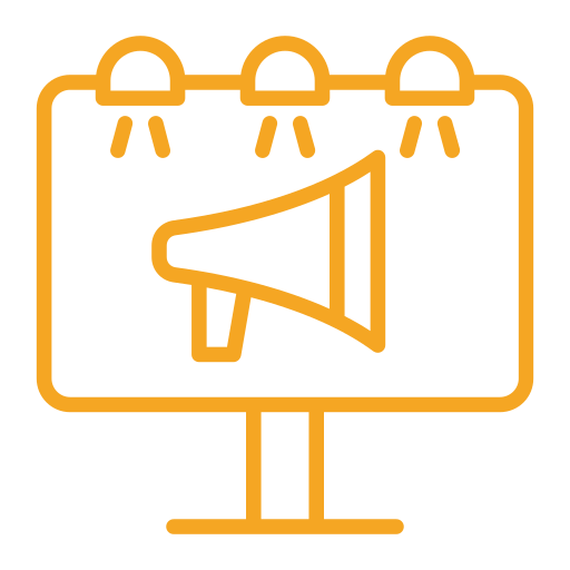 Orange outline of a billboard with a megaphone and three spotlights above it