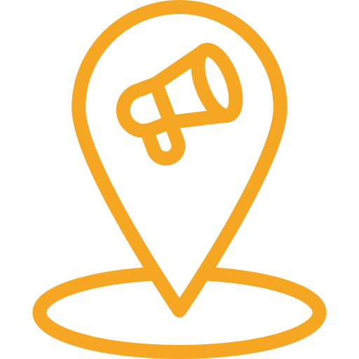 Orange location pin with a megaphone icon inside