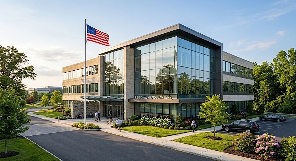Modern office building with glass facade and U.S. flag, surrounded by trees and landscaped grounds