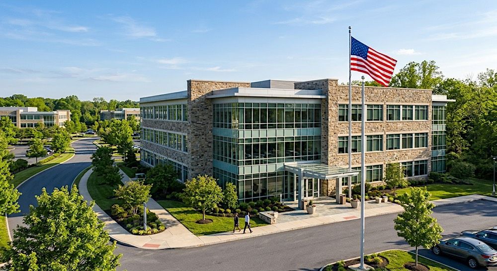 Modern office building with glass facade, American flag, and landscaped parking lot on a sunny day