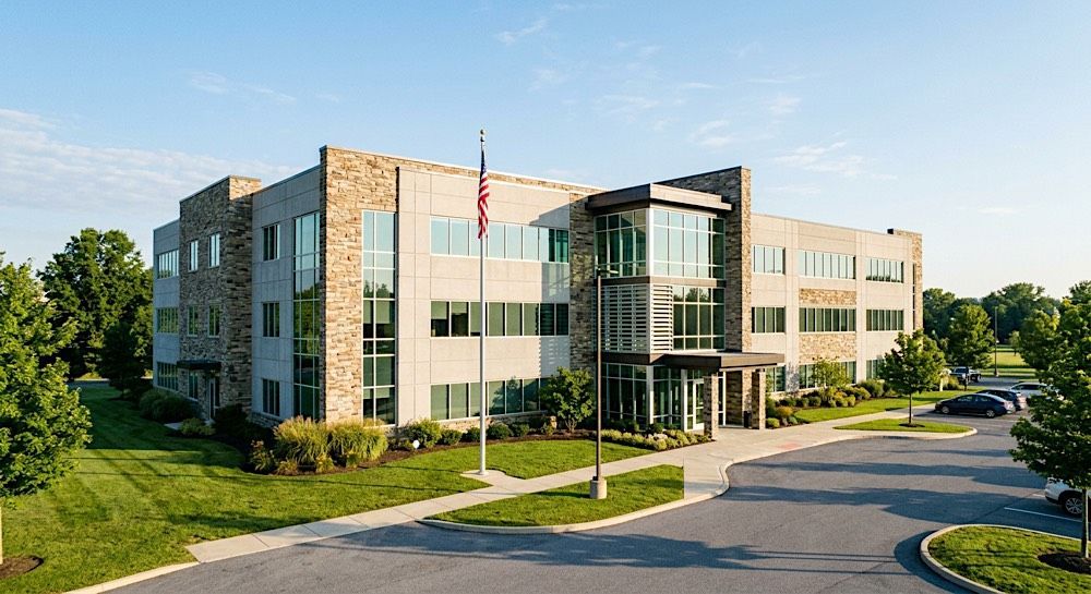 Modern office building with glass entrance, beige stone facade, and landscaped parking area