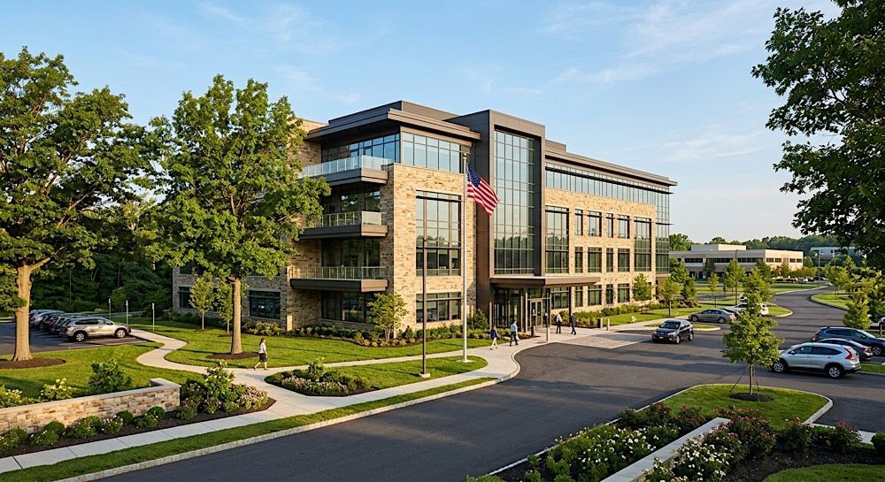 Modern office building with glass facade, landscaped grounds, and parking lot on a sunny day