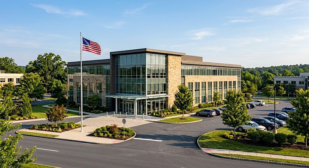 Modern office building with glass facade, American flag, and parking lot on a landscaped campus