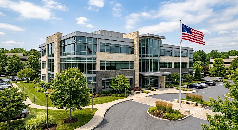 Modern office building with glass facade, landscaped grounds, and a large American flag by the entrance